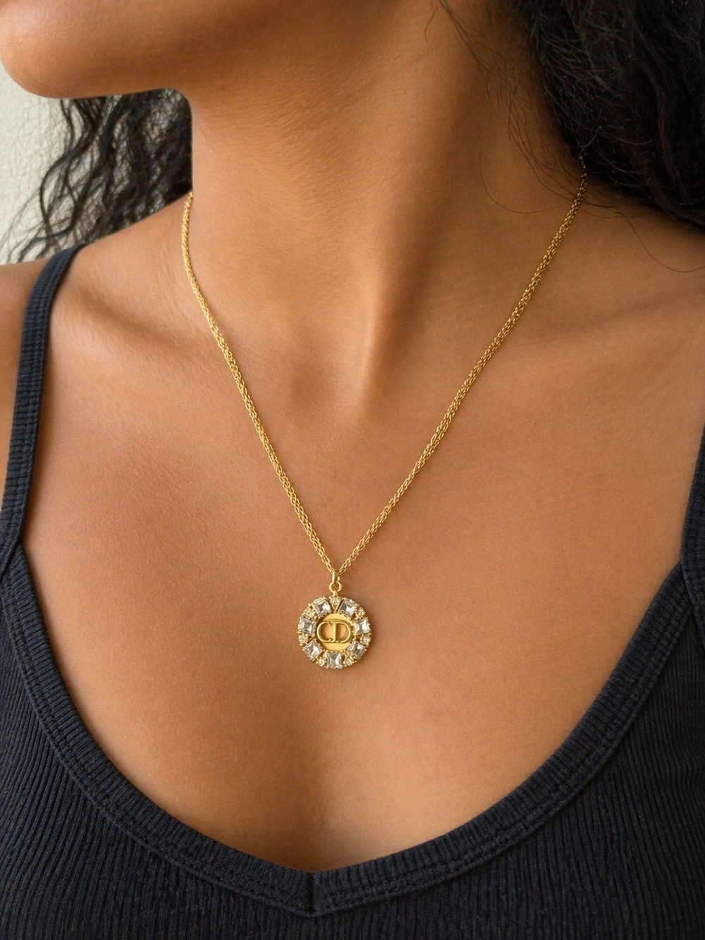 Gold Pendant Necklace with Crystal Halo - Brand: